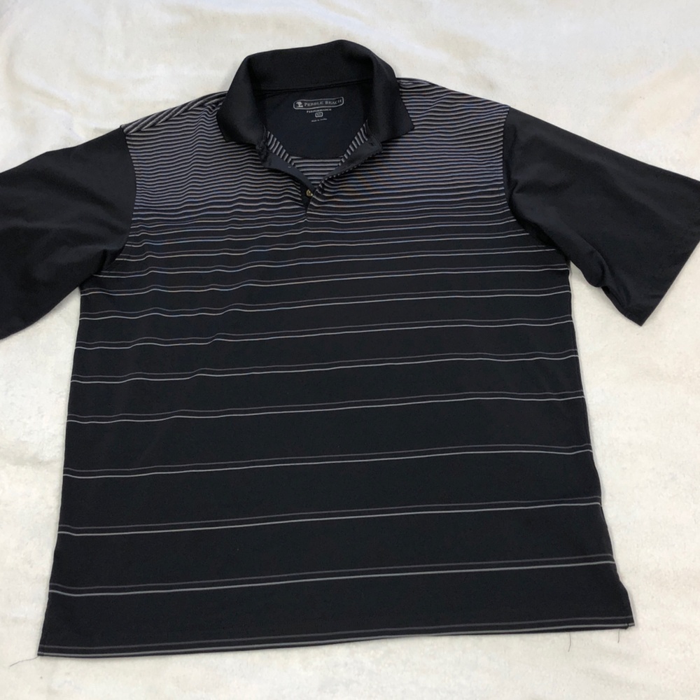 Pebble Beach EUC Black & Gray Striped Performance Polo size XL